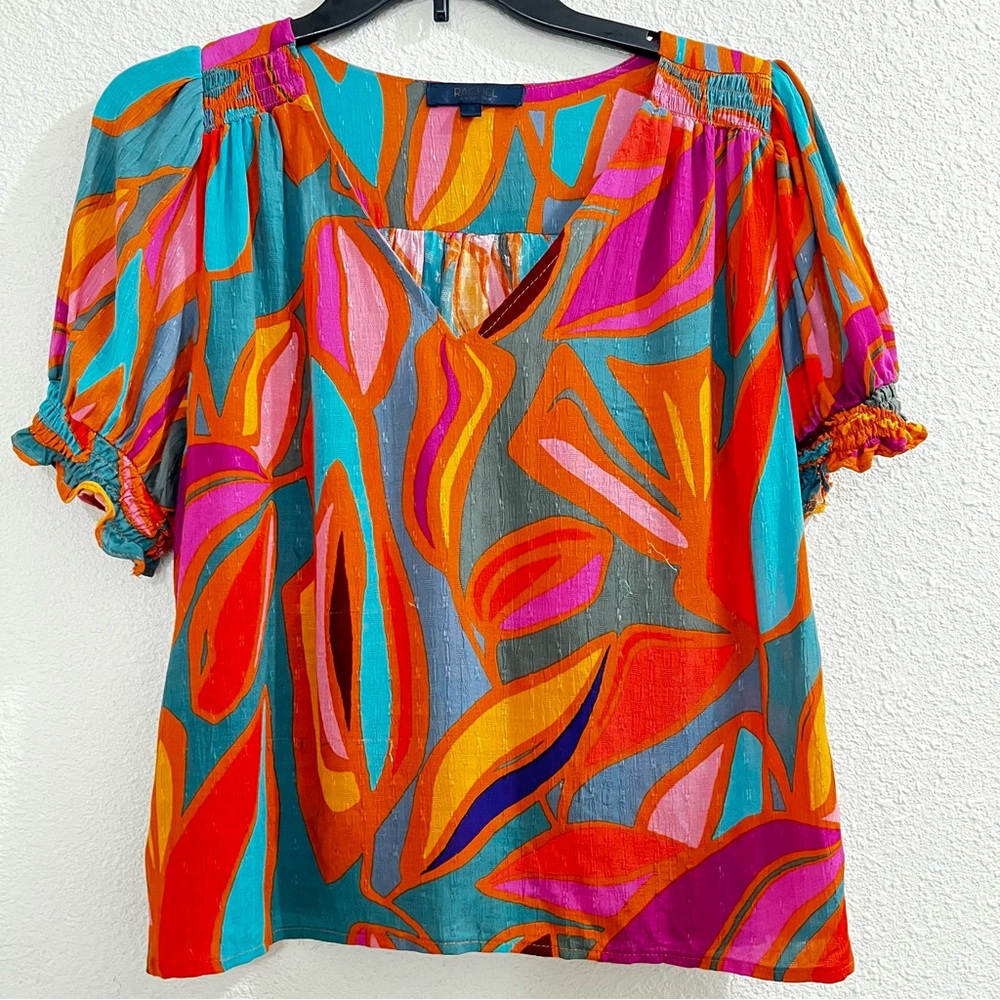 Colorful Abstract Crop Blouse Short‎ Puff Sleeve V-neckline Top Retro Boho Artsy